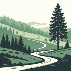 Rolling green valley landscape with winding road and coniferous trees a detailed vector illustration scenic view © md razab 1122