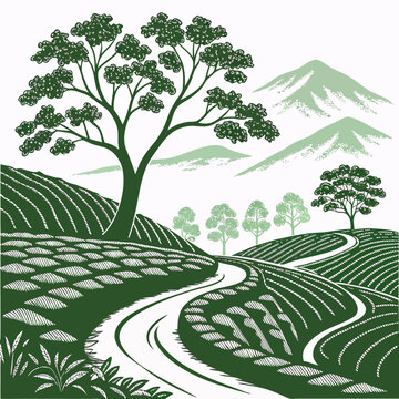 Green vector illustration of a landscape with trees rolling hills and a winding path agriculture arable