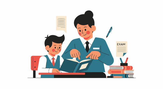 Teacher instructing a student with books and an exam paper