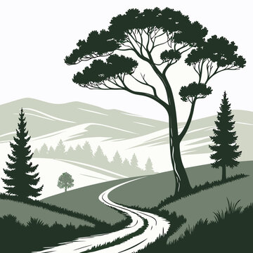 Scenic landscape with trees and winding path a detailed vector illustration on a white background arboriculture