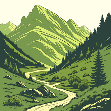 Vibrant green vector landscape depicting mountainous terrain with a winding path and coniferous trees alpine scenery