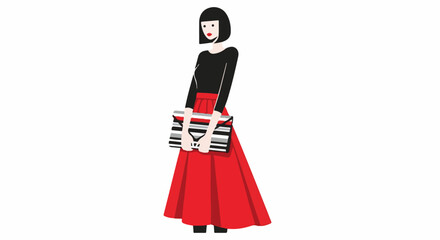 Fototapeta premium Stylized woman in a long red skirt, black top, holding a striped clutch