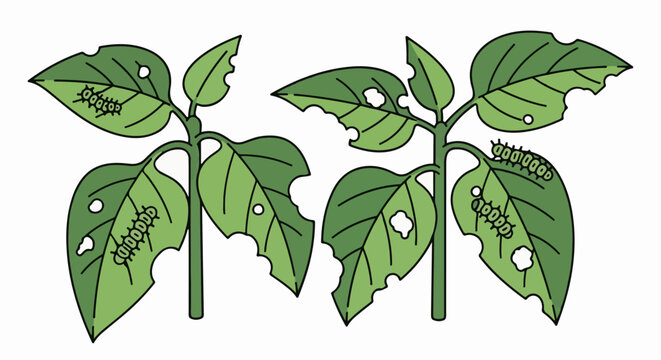 Two green plants with leaves eaten by caterpillars, showing damage