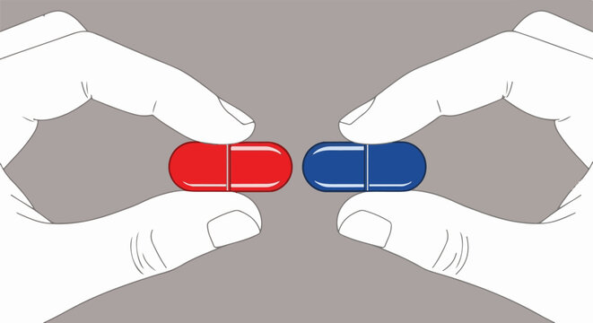 Two hands hold a red and blue pill facing each other, symbolizing a choice