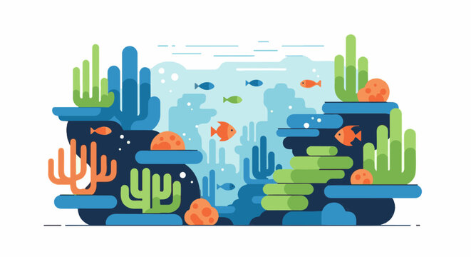Vibrant flat-style illustration of an underwater coral reef teeming with fish and aquatic plants