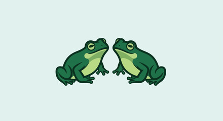 Fototapeta premium Two cartoon green frogs facing each other on a pale blue background