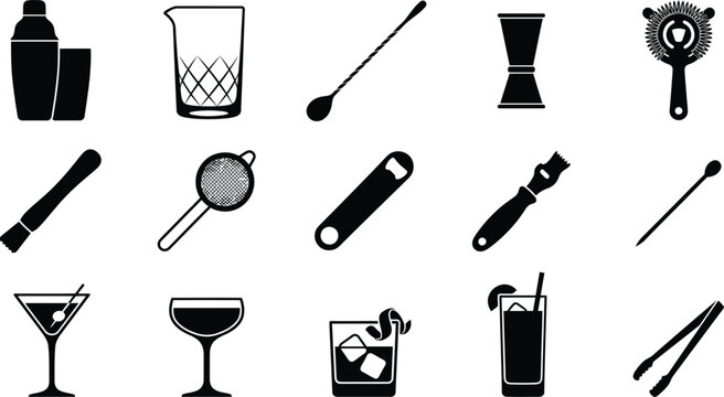 Black and white cocktail bar tools and drinks silhouettes