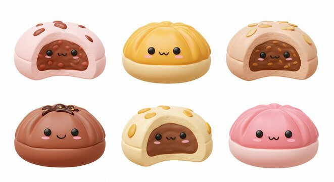 Kawaii style smiling character buns and filled pastries with bite mark details
