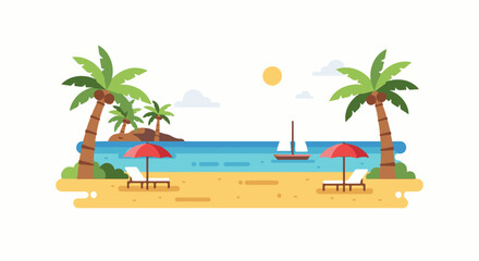 Obraz premium Tropical beach scene with palm trees, loungers, umbrellas, sailboat, and sun