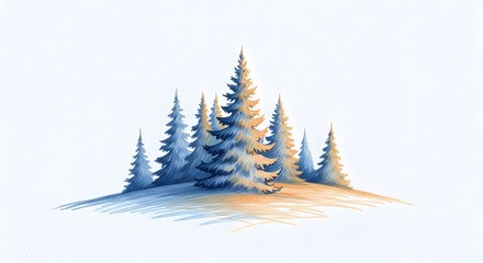 Obraz premium Snowy pine trees bathed in sunlight. Winter forest nature and seasonal landscape concepts. Cluster of evergreen trees standing in a bright snowy field