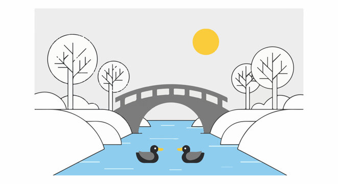 Sunny day with ducks swimming under a bridge near bare trees