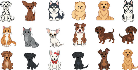 Cute Cartoon Dog and Cat Vector Illustration Set Featuring Various Popular Pet Breeds and Cute Animal Characters for Veterinary Children and Nursery Product Designs © MdLiton