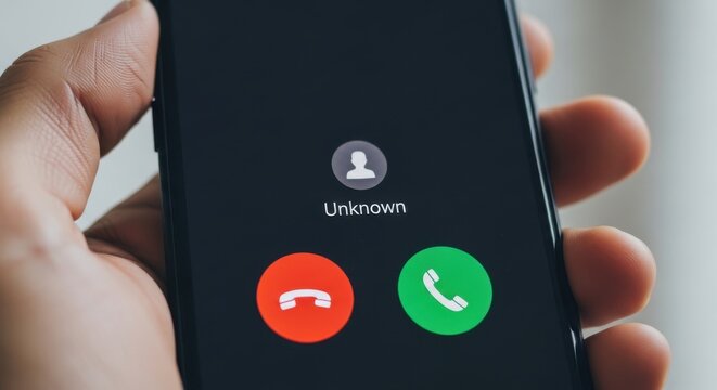Unknown caller on smartphone screen held by hand, incoming call from anonymous number, mobile phone interface with red and green buttons