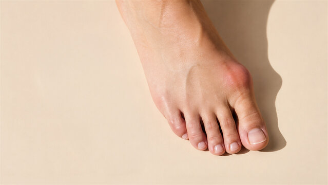 woman foot with hallux valgus deformity showing bunion on big toe joint. Concept of orthopedic disorder and podiatry treatment. Medical condition of human skeletal bone structure