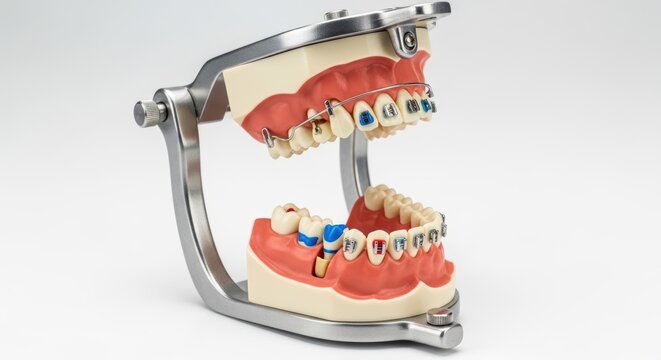 Orthodontic dental model showing various types of braces and corrective treatments.