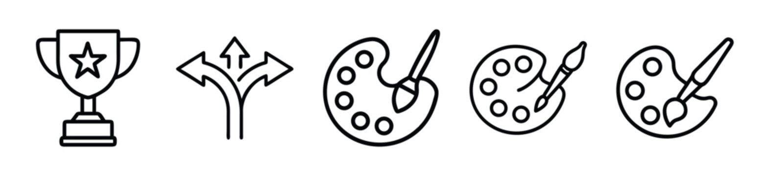 Set of thin line icons including trophy, choice path, and artist paint palettes with brushes