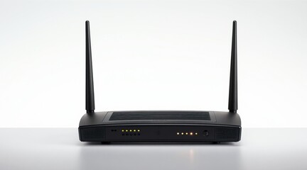 Fototapeta premium Modern black wireless router with two antennas on a white surface. Device has indicator lights and ports for internet connectivity. Provides fast broadband data access.