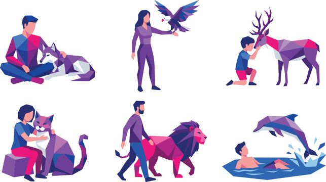 Low Poly Human Wildlife Interaction Illustration Collection Featuring Wolf, Bird, Deer, Cat, Panther, Dolphin Bonding Adventure Geometric Companion Scenes in Polygonal Vector Style