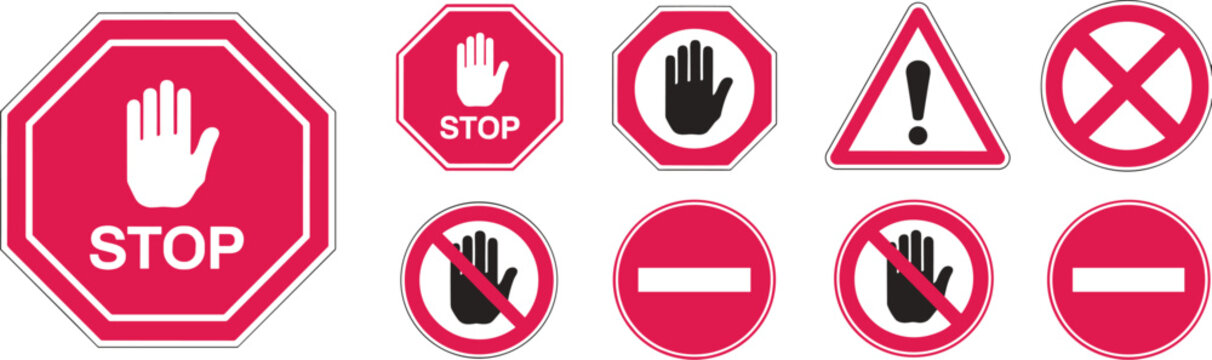 Collection of various red and white international traffic prohibition and warning signs
