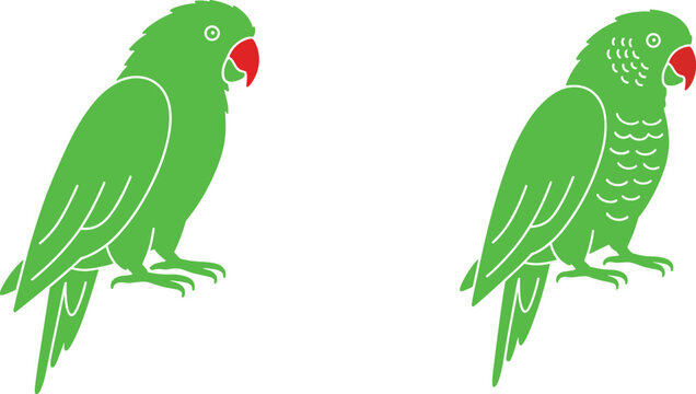 Two simplified flat vector illustrations of green parakeets with red beaks isolated on white