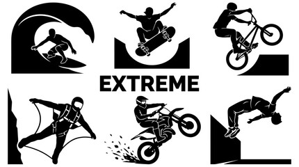 Obraz premium Extreme Sports Silhouette Set featuring Surfing, Skateboarding, BMX, Wingsuit Flying, Motocross, and Parkour Action Graphics, Black and White Vector Illustration Collection
