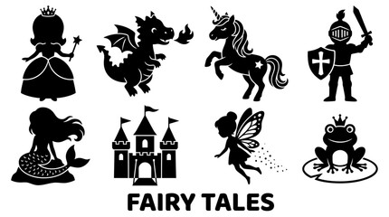 Obraz premium Black Silhouettes of Fairy Tale Characters Set Including Princess Dragon Unicorn Knight Mermaid Castle Fairy and Frog Prince Vector Illustration