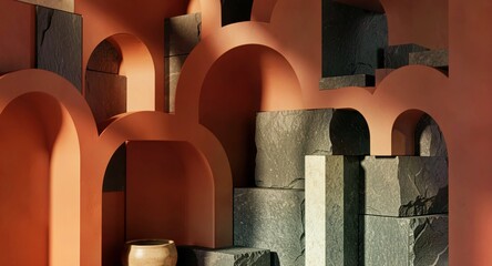 Obraz premium Minimalist architectural background with terracotta clay arches and textured dark stone blocks.
