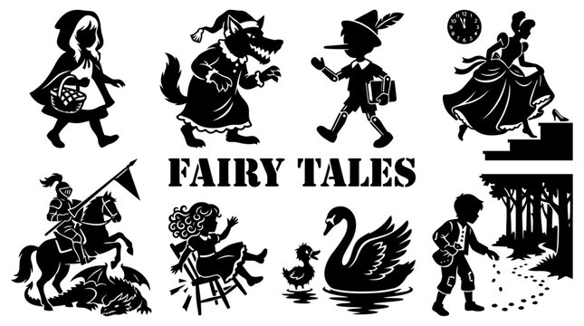 Black Fairy Tale Silhouettes Set of Classic Folklore Characters and Fantasy Scenes Vector Illustration