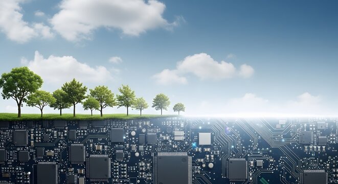 Green trees growing above an electronic circuit board. Eco technology and sustainable digital development concept. Digital motherboard supporting natural environment and plant life.