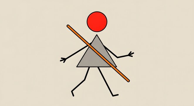 Abstract geometric stick figure walking. Simple graphic design and minimalist art concept. Character made of shapes carrying a long diagonal line.
