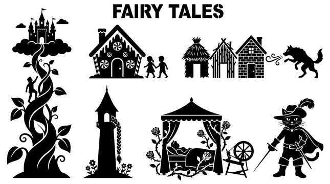 Classic Fairy Tale Silhouette Icon Collection Featuring Rapunzel, Three Little Pigs, Sleeping Beauty, and More