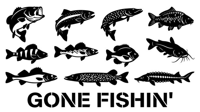 Freshwater Fish Silhouettes Collection with Gone Fishin' Text Vector Illustration including Bass, Trout, Pike, Catfish, and Sturgeon Icons for Anglers