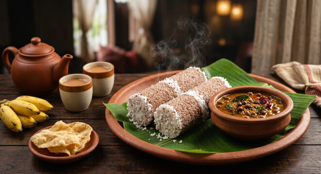 Kerala Breakfast Puttu and Kadala Curry on Banana Leaf with Tea, AI generated