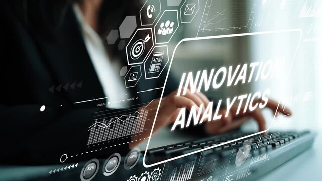 Business professional engaging in data analytics and innovation using modern technology with graphical user interface elements. Asymptotic smart data analytic.