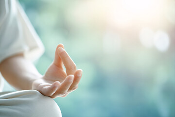 Fototapeta premium Meditation practice serene environment hands in pose soft backlight glow airy atmosphere for mindfulness