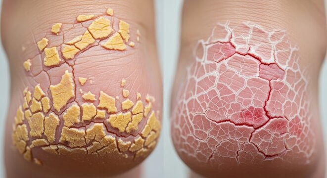 Severe dry cracked skin and calluses on human heels before and after treatment comparison.