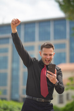 Excited executive raising fist in win gesture looking at smartphone with copy space