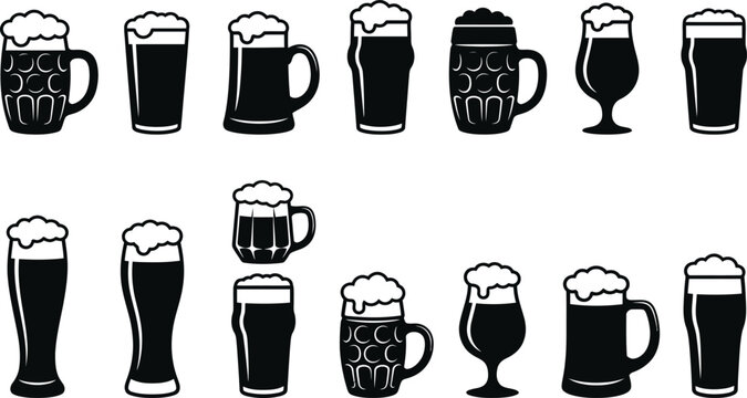 Black silhouettes of various beer glasses and mugs with foam, on white background