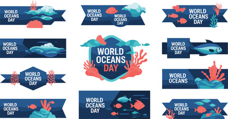 World Oceans Day Vector Banner Ribbon and Badge Icon Set with Undersea Coral Reef Fish Wildlife Designs © Firoz