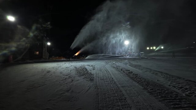 Nighttime Racecourse Grooming Involves Snow Cannons And Floodlights For Optimal Conditions