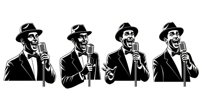 Vintage style illustration of jazz singer performing into classic microphone set of four.
