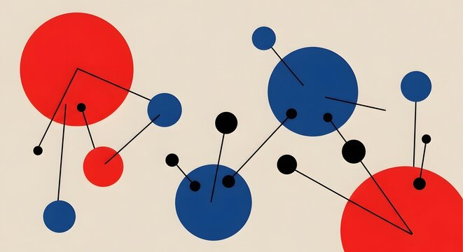 Modern geometric node and line composition. Scientific modeling and social networking structures. Colorful flat spheres linking together to form a complex digital web