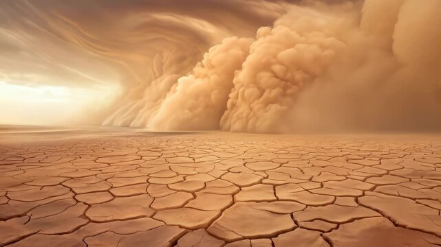 Massive sandstorm rolling over cracked desert floor. Giant dust cloud approaching across parched wasteland. Lockdown wide shot.