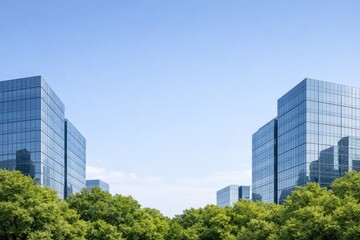 Obraz premium Two massive glass office buildings standing tall against a clear bright blue sky with green tree tops visible at the bottom of the urban landscape