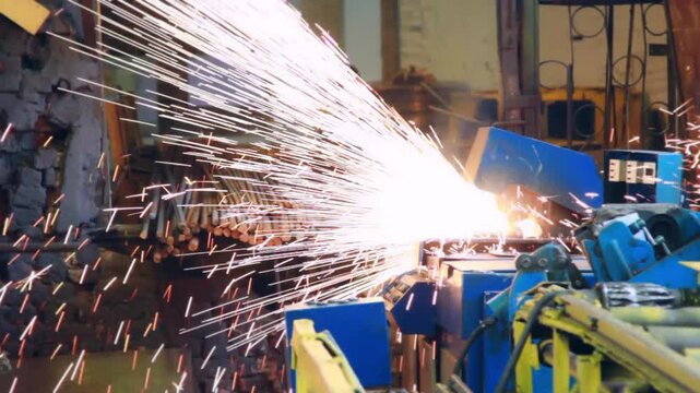 Metalworking workshop with steel rods and industrial cutting machine