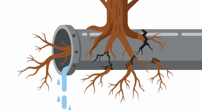 Tree roots breaking through a cracked sewer pipe with dripping water