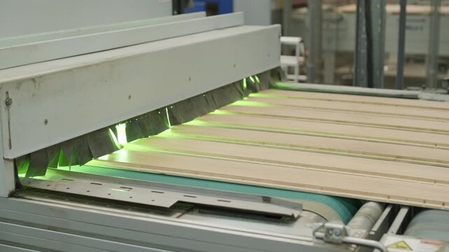 Close-up of an automated production line with timber slats in motion within a modern wood processing facility