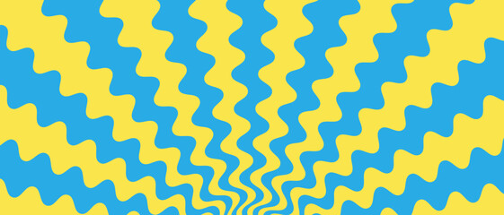 Retro blue and yellow hippie background with a vintage circus sunbeam. Psychedelic colorful swirl poster, abstract pattern in the style of 70s carnival. Hypnotic sunbeam vector illustration. © Olga Shulgina