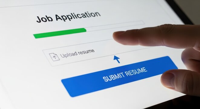 Job application digital interface on tablet screen, person uploading resume for employment, online recruitment and hiring process concept