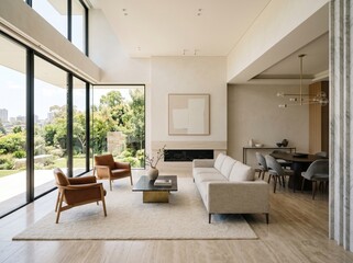Fototapeta premium Modern Minimalist Luxury Living Room with Panoramic Garden View and Cozy Fireplace